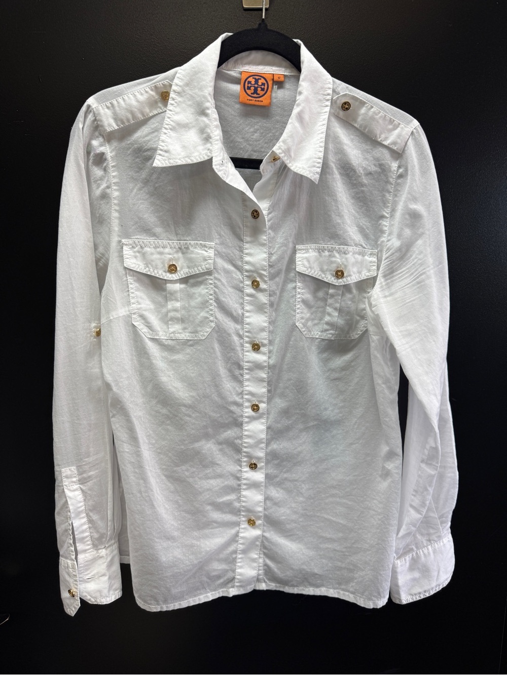 Tory Burch White Long-Sleeve Button-Down Shirt with Gold Buttons